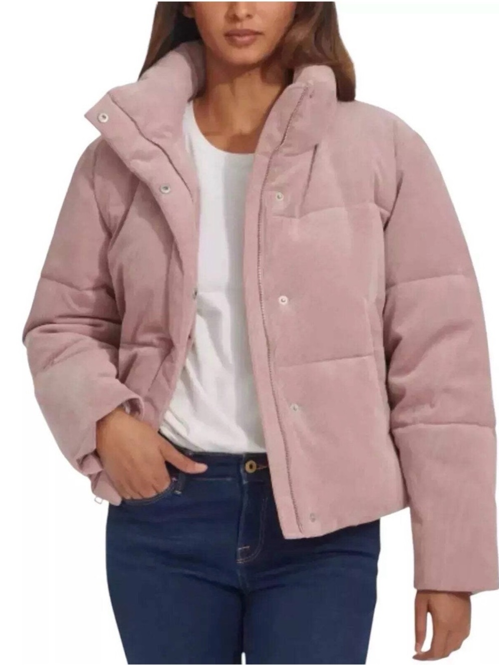 Levi’s Mauve Pink Corduroy Puffer Jacket Zip Up Button Mock Neck Fall Winter